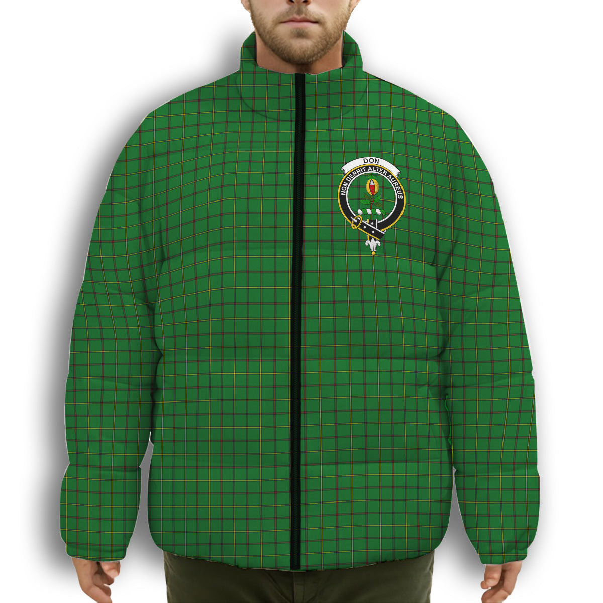 ScotsTee Shop Scottish Don (Tribe-of-Mar) Crest Tartan Collar Down Jacket Winter White Duck Down Plaid