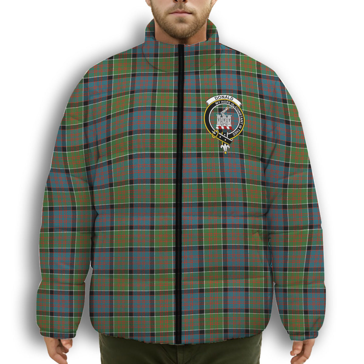 ScotsTee Shop Scottish Donald of Clan Ranald Ancient Crest Tartan Collar Down Jacket Winter White Duck Down Plaid