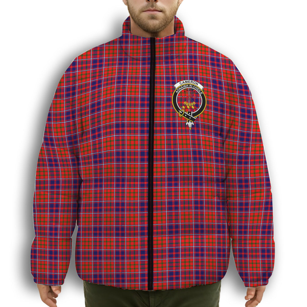 ScotsTee Shop Scottish Cameron of Lochiel Modern Crest Tartan Collar Down Jacket Winter White Duck Down Plaid