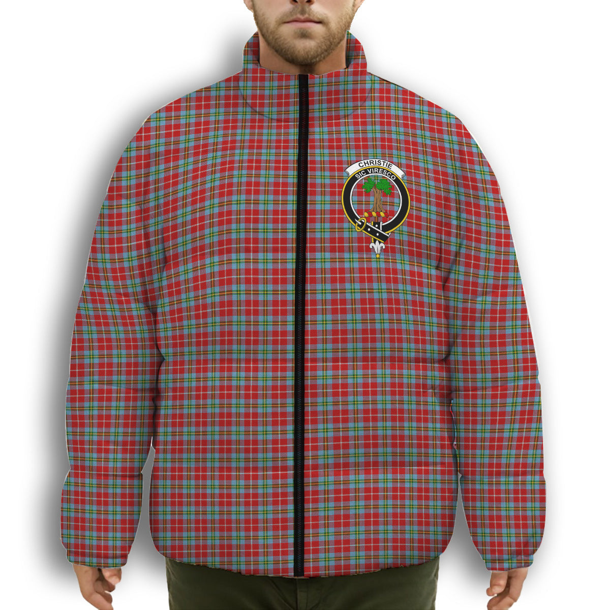 ScotsTee Shop Scottish Christie (London) Crest Tartan Collar Down Jacket Winter White Duck Down Plaid