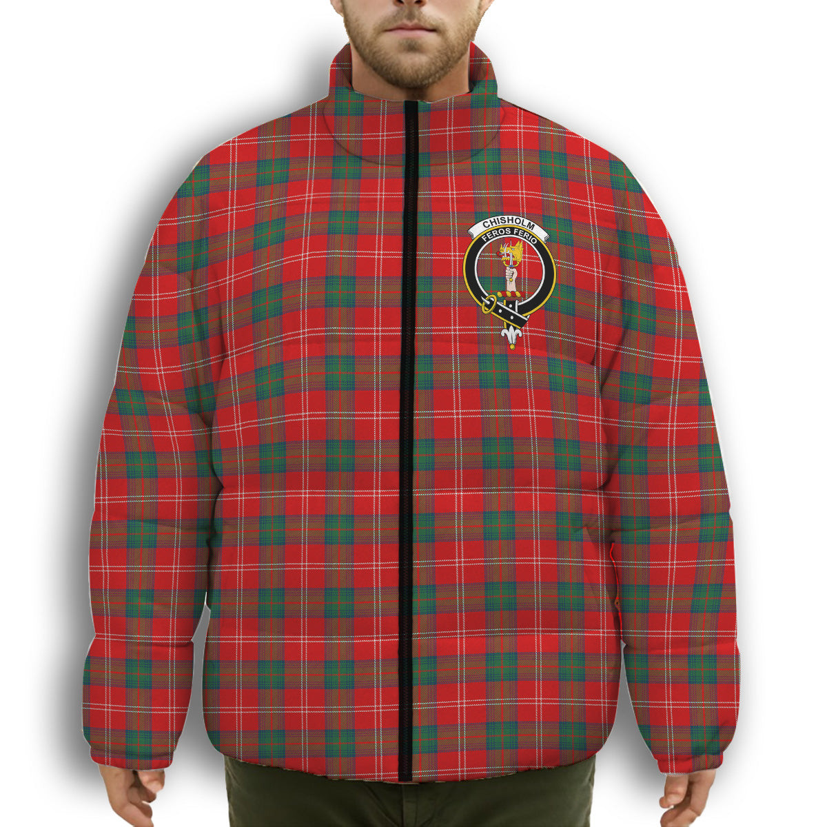 ScotsTee Shop Scottish Chisholm of Strathglass Modern Crest Tartan Collar Down Jacket Winter White Duck Down Plaid