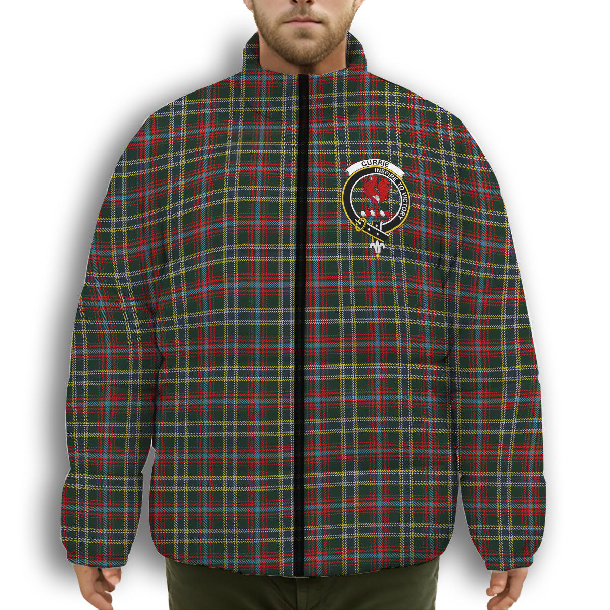 ScotsTee Shop Scottish Currie of Arran Crest Tartan Collar Down Jacket Winter White Duck Down Plaid