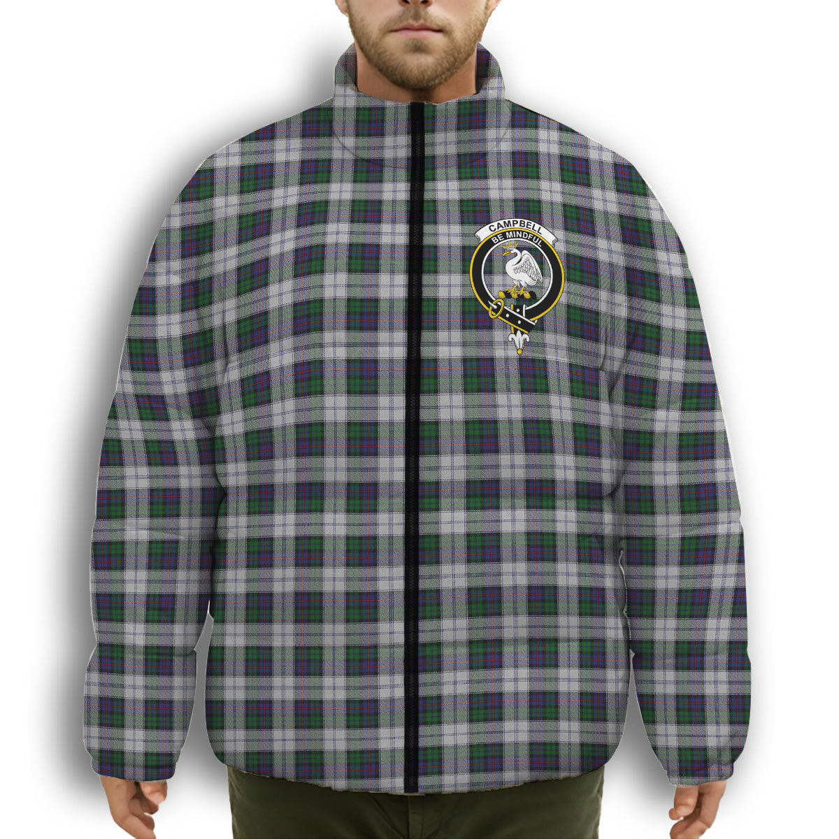 ScotsTee Shop Scottish Campbell of Cawdor Dress Crest Tartan Collar Down Jacket Winter White Duck Down Plaid