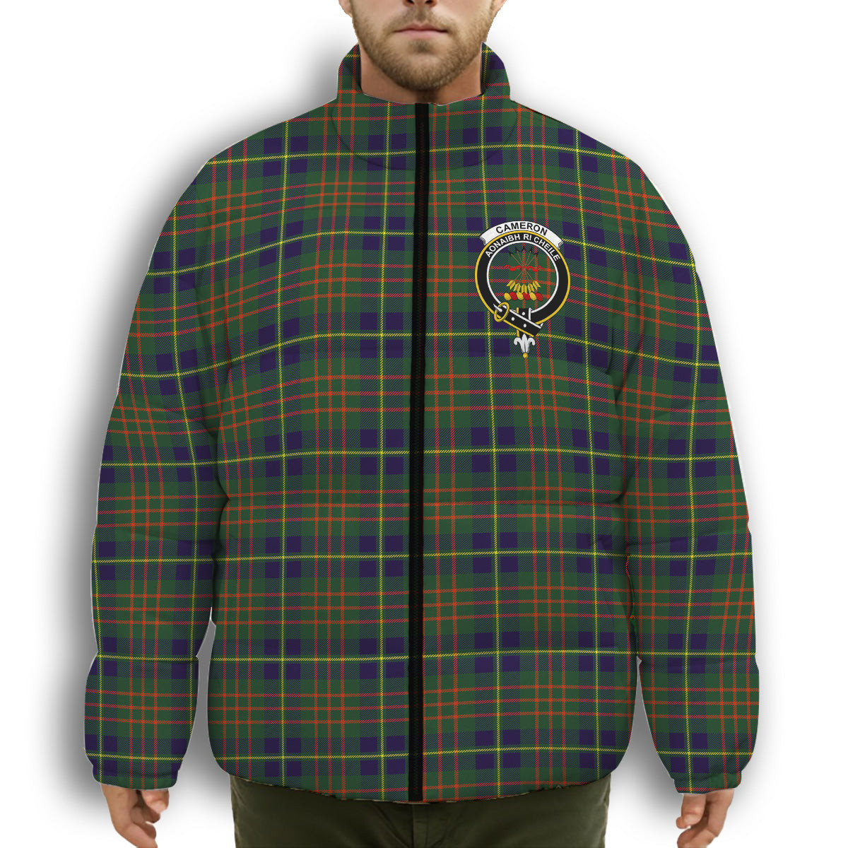 ScotsTee Shop Scottish Cameron of Lochiel Hunting Modern Crest Tartan Collar Down Jacket Winter White Duck Down Plaid