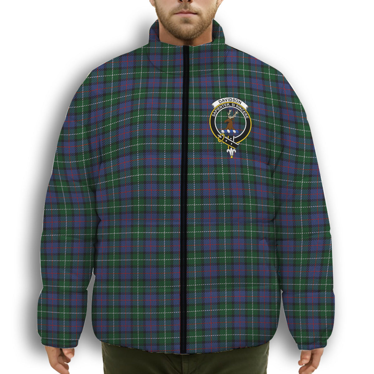 ScotsTee Shop Scottish Davidson of Tulloch 2 Crest Tartan Collar Down Jacket Winter White Duck Down Plaid