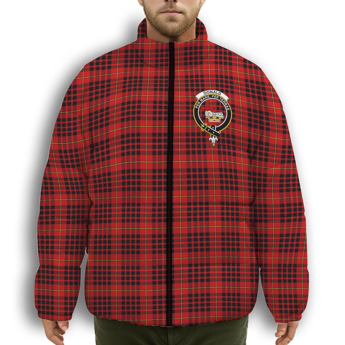 ScotsTee Shop Scottish Donald of Ardnamurchan Modern Crest Tartan Collar Down Jacket Winter White Duck Down Plaid