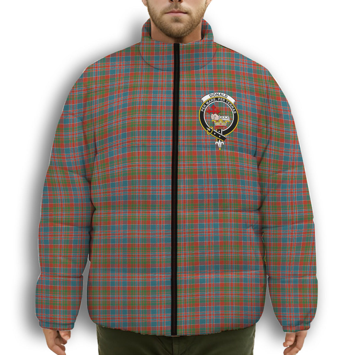 ScotsTee Shop Scottish Donald of Boisdale Ancient Crest Tartan Collar Down Jacket Winter White Duck Down Plaid