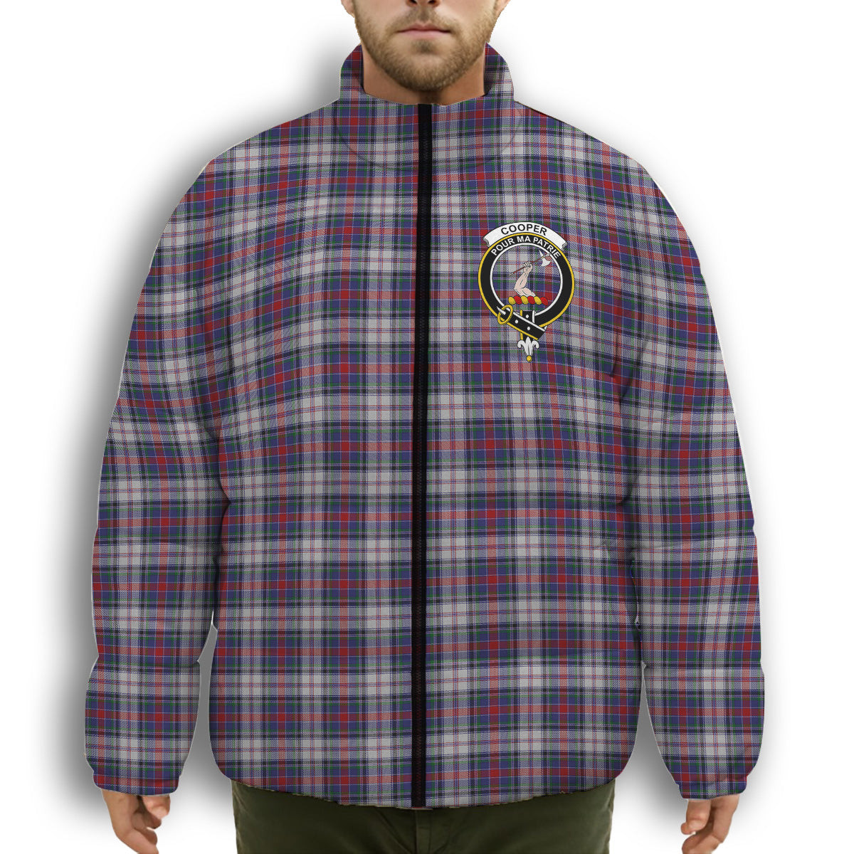 ScotsTee Shop Scottish Cooper Dress Dalgliesh 1 Crest Tartan Collar Down Jacket Winter White Duck Down Plaid