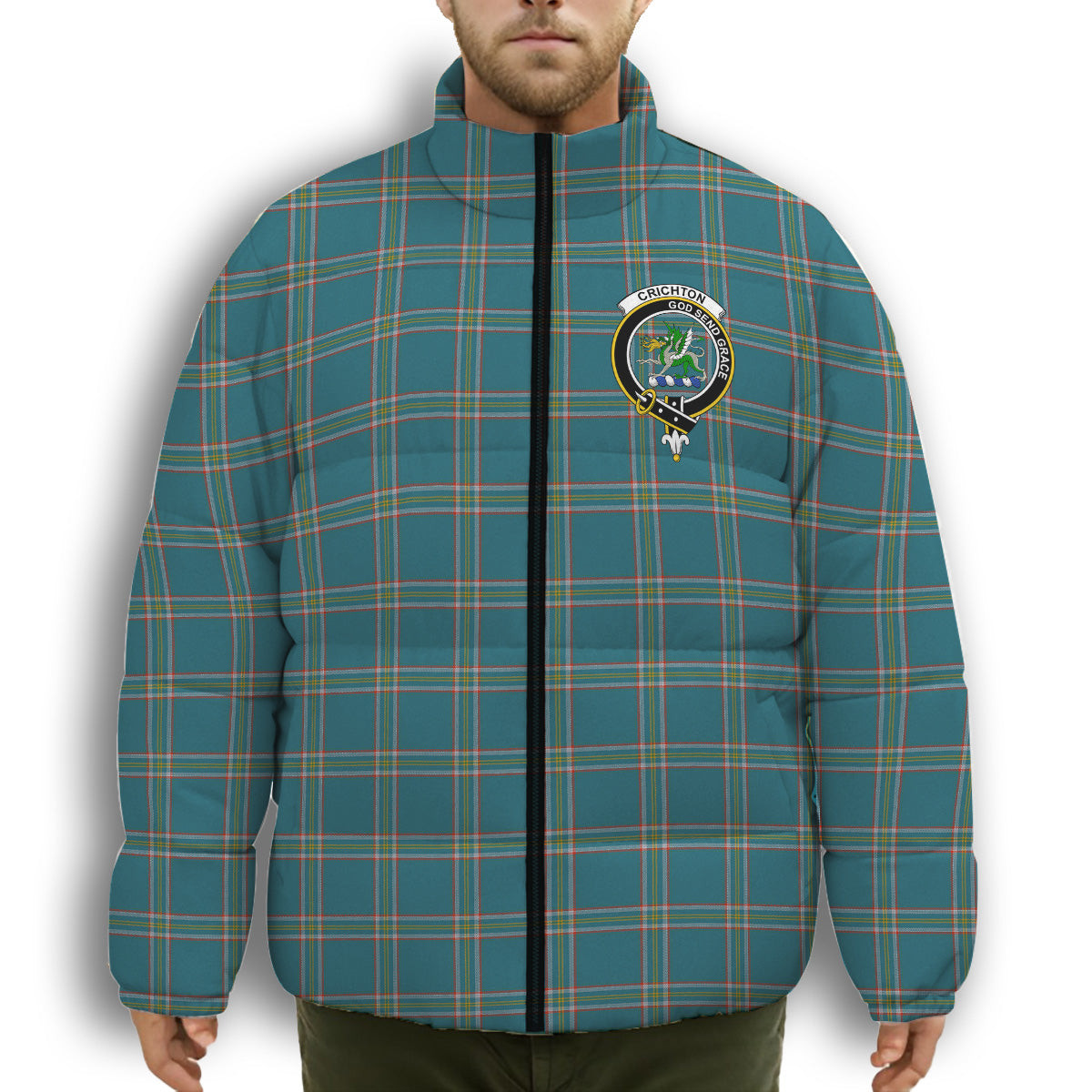ScotsTee Shop Scottish Crichton Ancient Crest Tartan Collar Down Jacket Winter White Duck Down Plaid