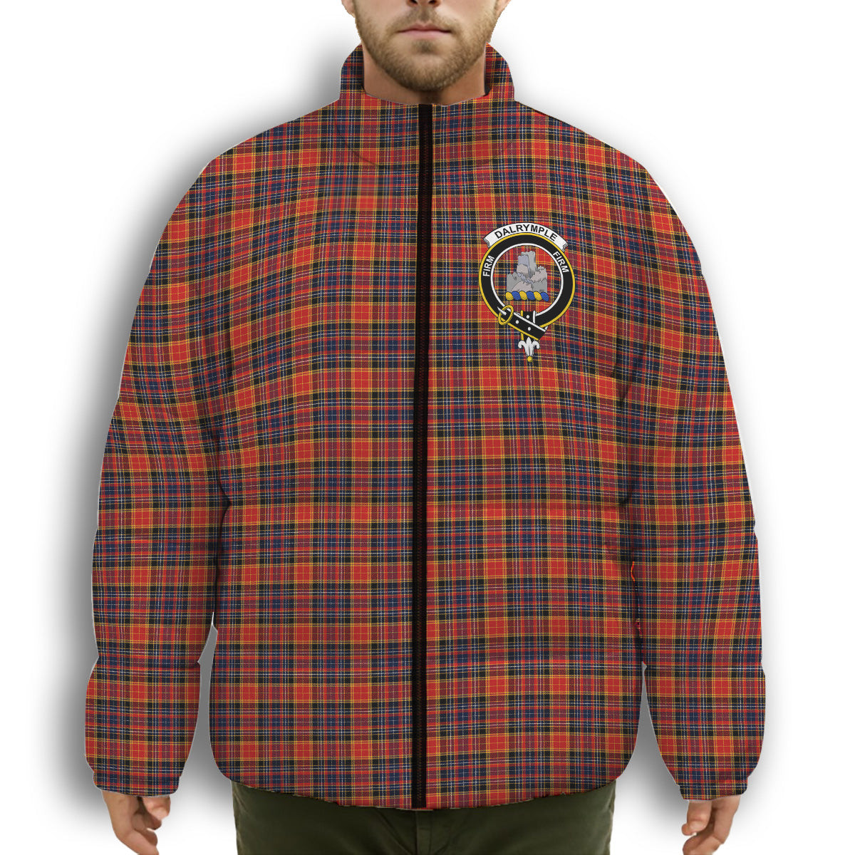 ScotsTee Shop Scottish Dalrymple of Castleton Modern Crest Tartan Collar Down Jacket Winter White Duck Down Plaid