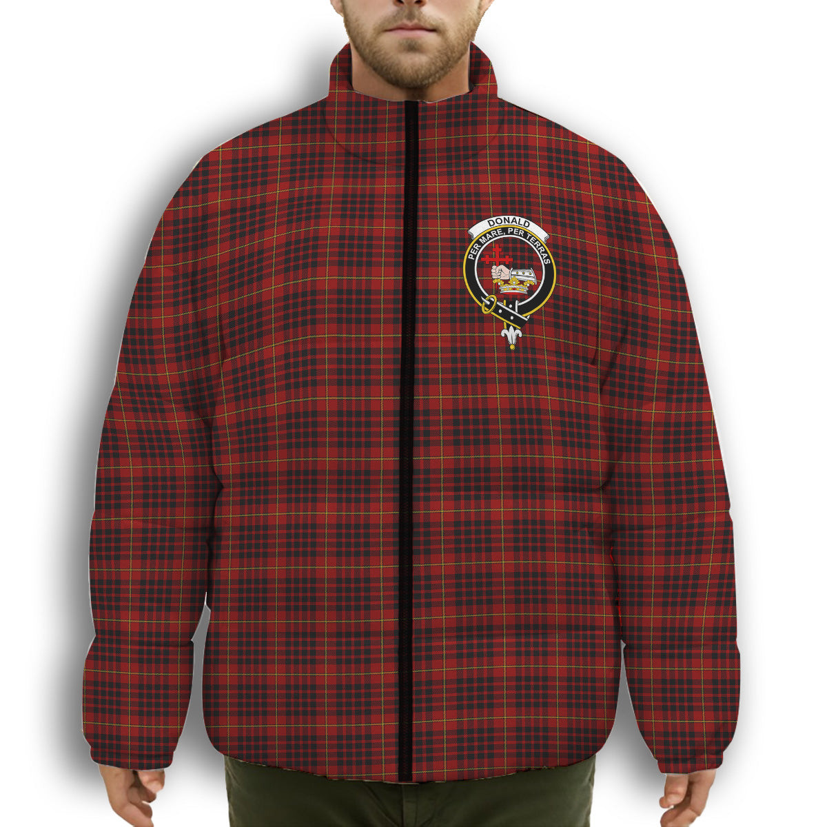 ScotsTee Shop Scottish Donald of Ardnamurchan Crest Tartan Collar Down Jacket Winter White Duck Down Plaid