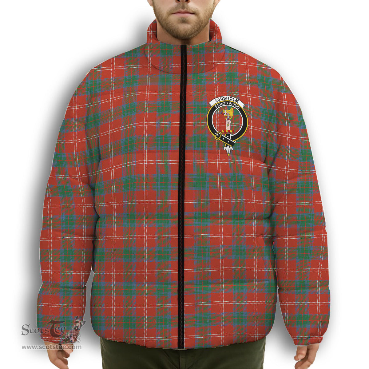 ScotsTee Shop Scottish Chisholm of Strathglass Ancient Crest Tartan Collar Down Jacket Winter White Duck Down Plaid
