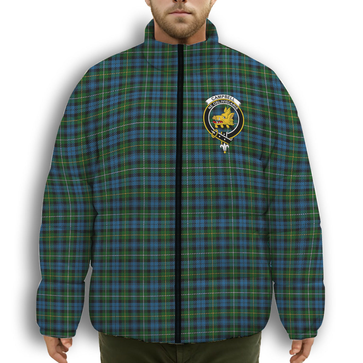 ScotsTee Shop Scottish Campbell of Argyll Ancient Crest Tartan Collar Down Jacket Winter White Duck Down Plaid