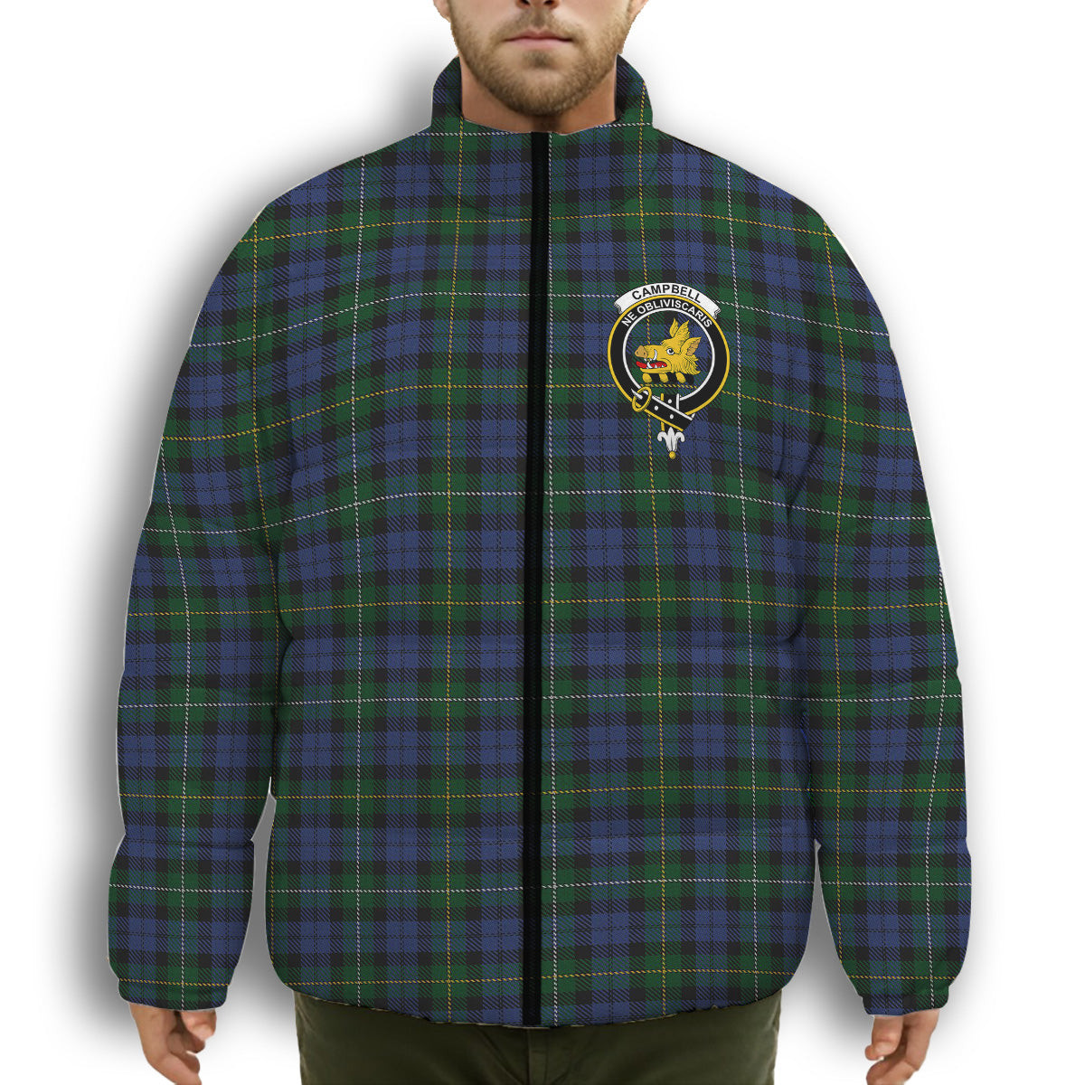 ScotsTee Shop Scottish Campbell of Loudoun Crest Tartan Collar Down Jacket Winter White Duck Down Plaid