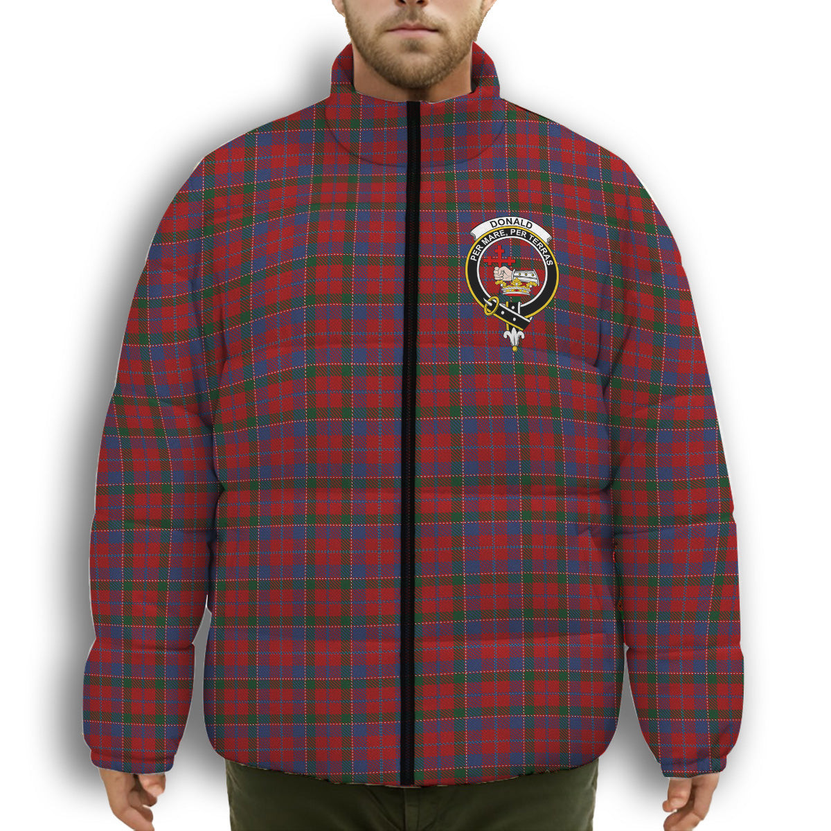 ScotsTee Shop Scottish Donald of Glenaladale Crest Tartan Collar Down Jacket Winter White Duck Down Plaid