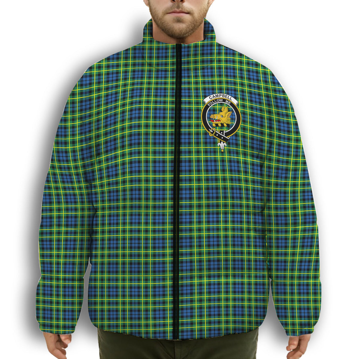 ScotsTee Shop Scottish Campbell of Breadalbane Ancient Crest Tartan Collar Down Jacket Winter White Duck Down Plaid