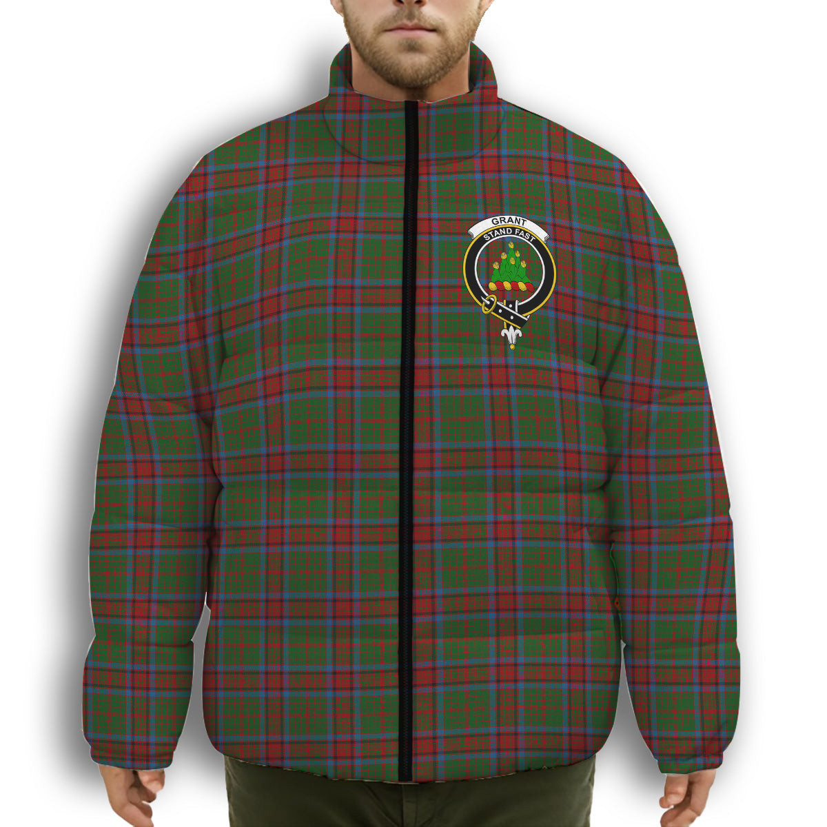 ScotsTee Shop Scottish Grant of Monymusk Crest Tartan Collar Down Jacket Winter White Duck Down Plaid