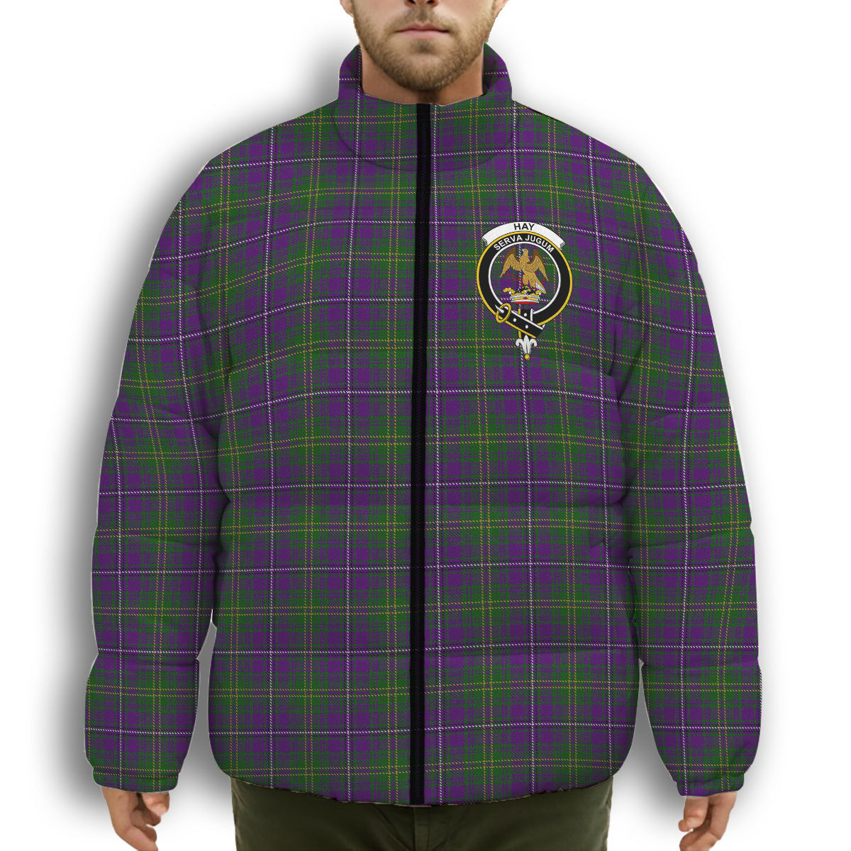 ScotsTee Shop Scottish Hay of Megginch Crest Tartan Collar Down Jacket Winter White Duck Down Plaid