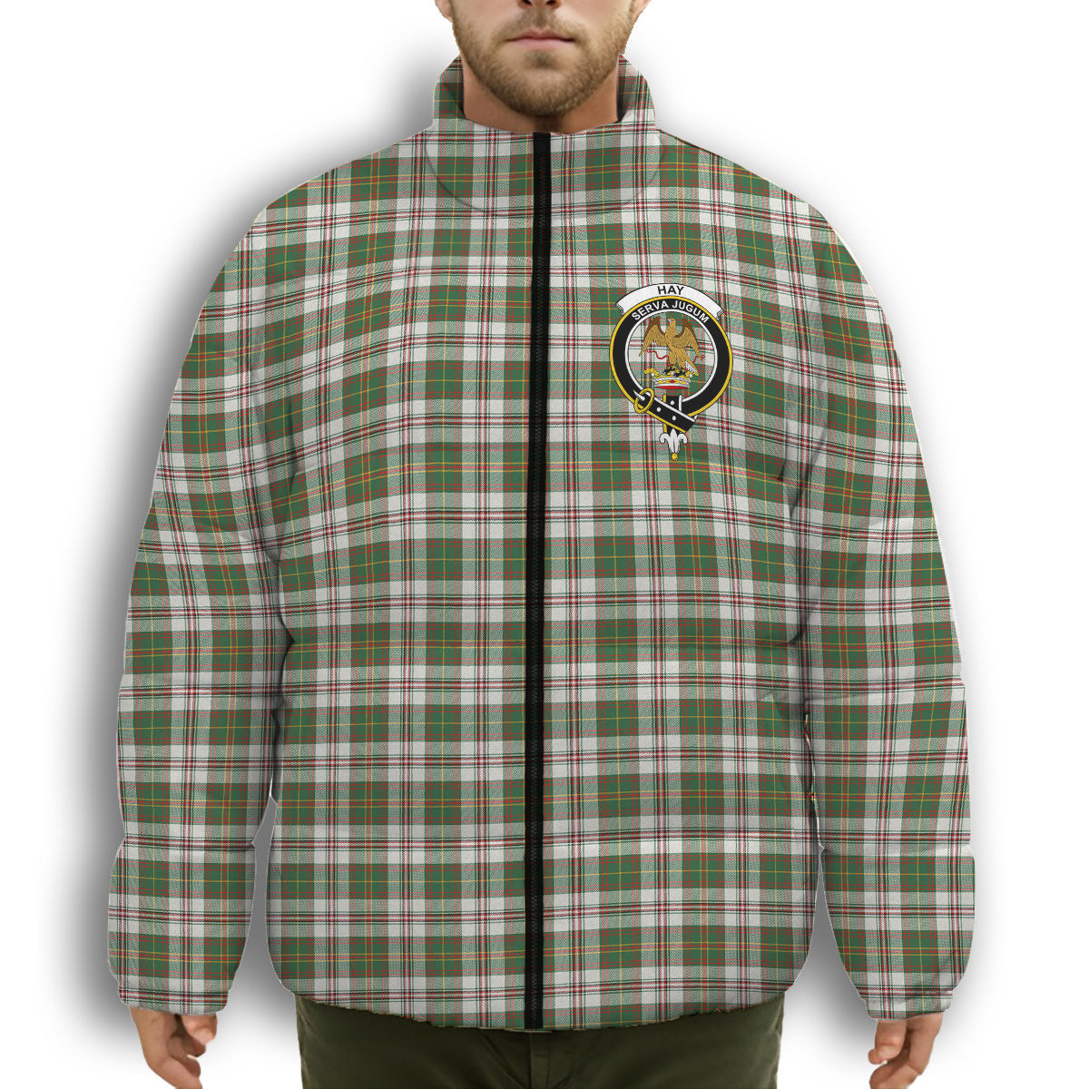 ScotsTee Shop Scottish Hay Dress Modern Crest Tartan Collar Down Jacket Winter White Duck Down Plaid