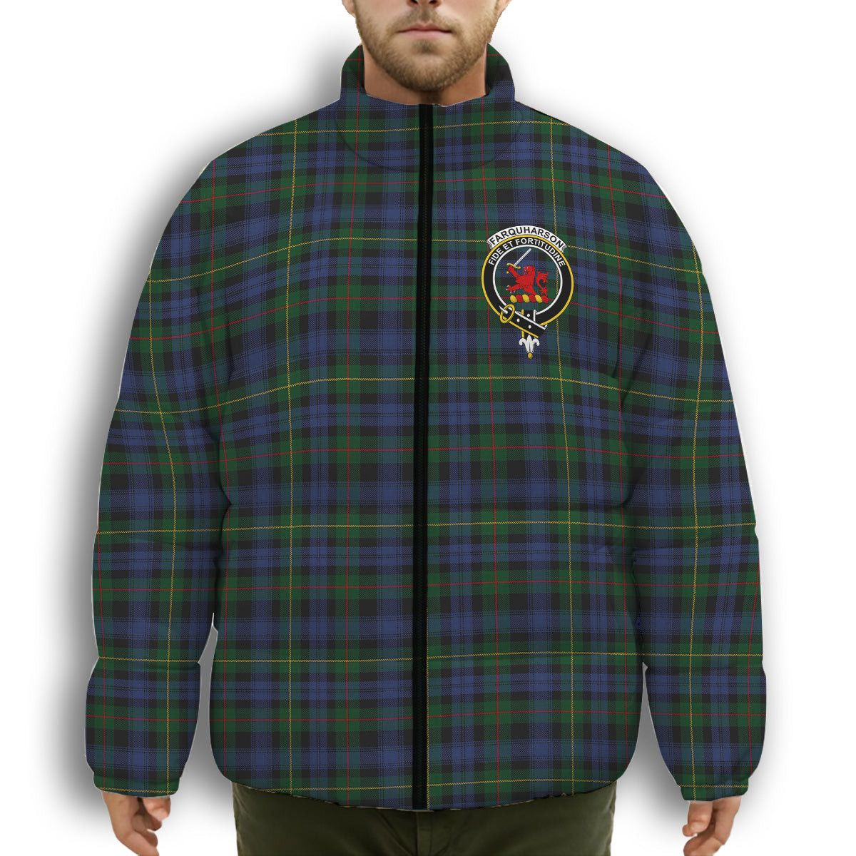 ScotsTee Shop Scottish Farquharson Vestiarium Scoticum Crest Tartan Collar Down Jacket Winter White Duck Down Plaid