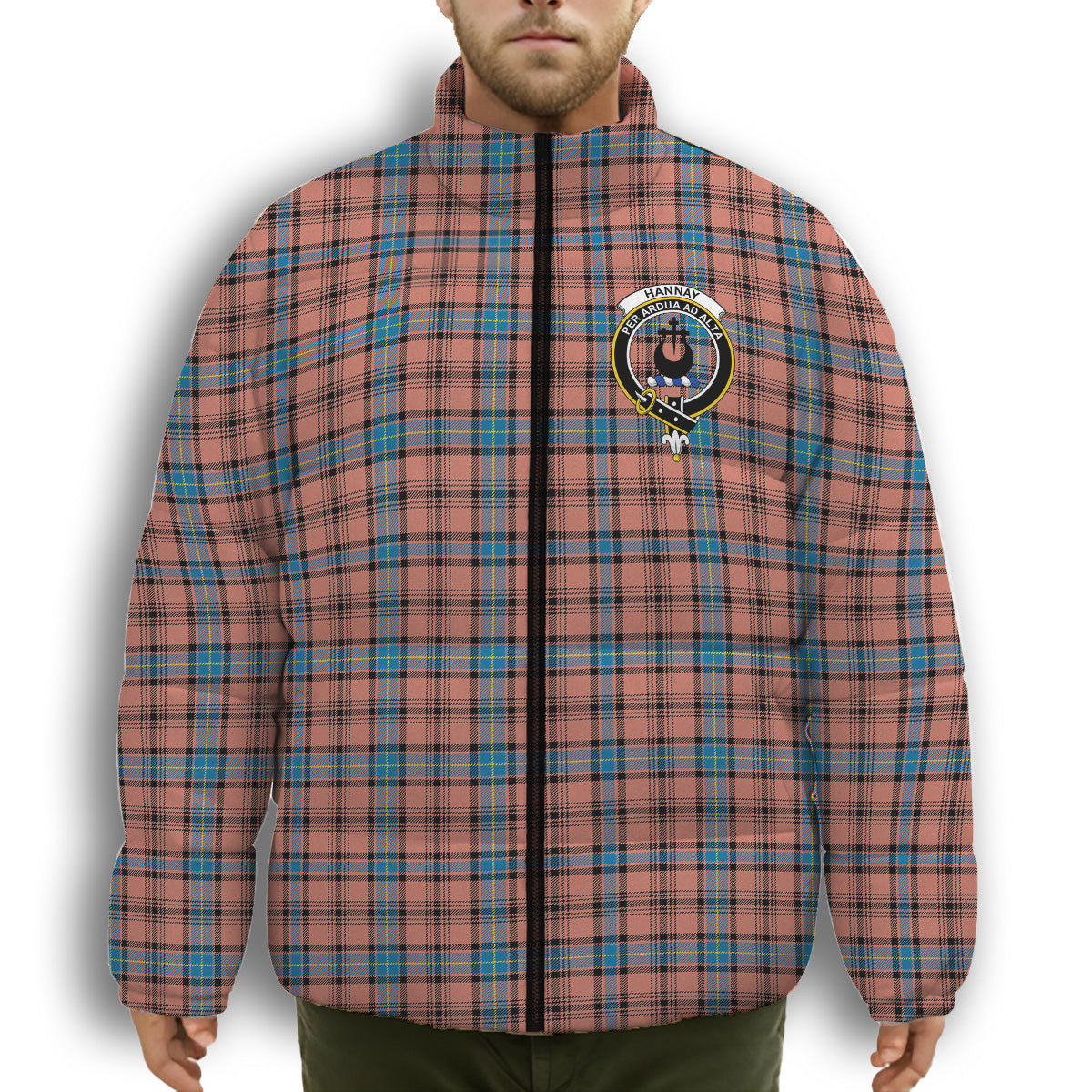 ScotsTee Shop Scottish Hannay Dress Modern Crest Tartan Collar Down Jacket Winter White Duck Down Plaid