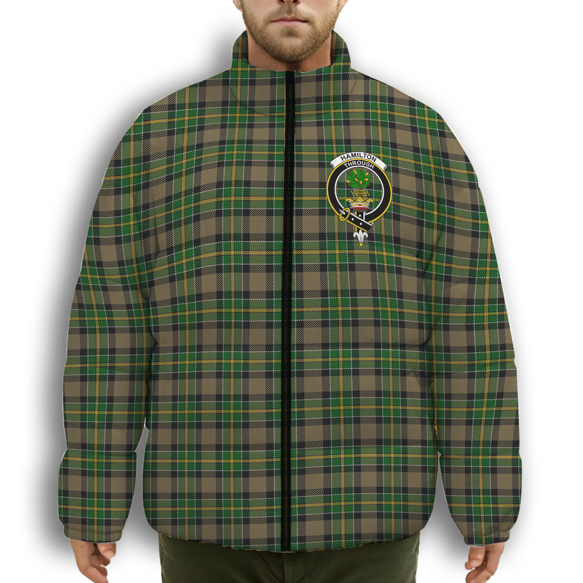 ScotsTee Shop Scottish Hamilton of Brandon Crest Tartan Collar Down Jacket Winter White Duck Down Plaid