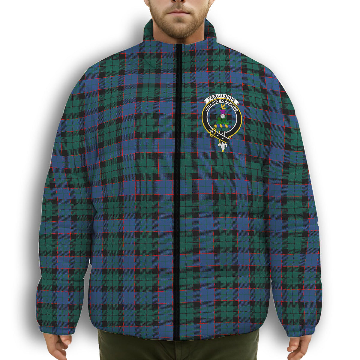 ScotsTee Shop Scottish Ferguson of Balquhidder Modern Crest Tartan Collar Down Jacket Winter White Duck Down Plaid