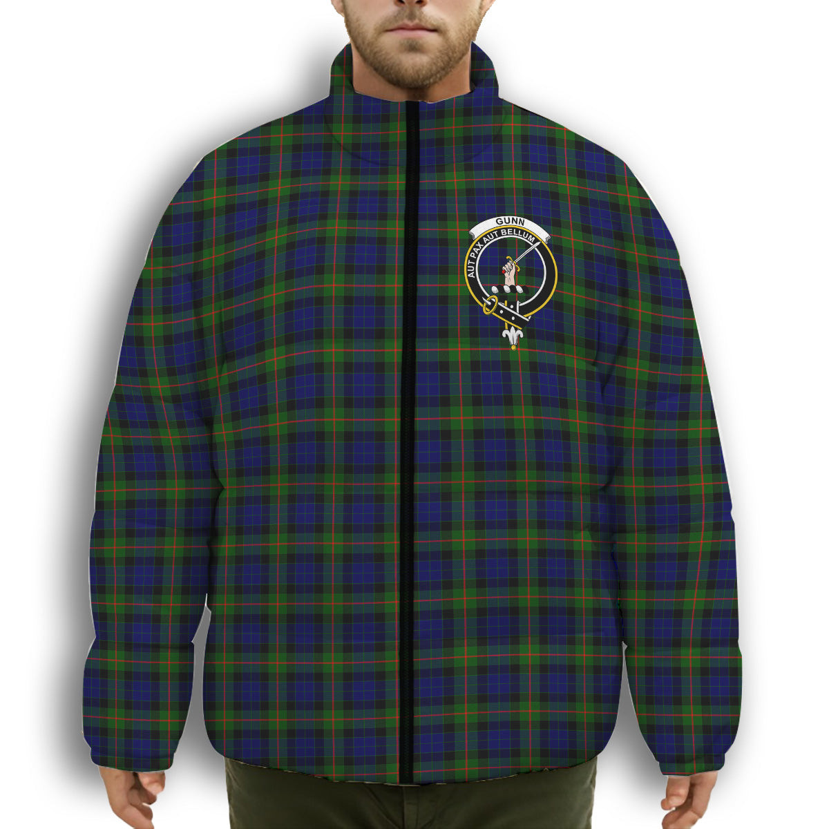 ScotsTee Shop Scottish Gunn Modern Crest Tartan Collar Down Jacket Winter White Duck Down Plaid