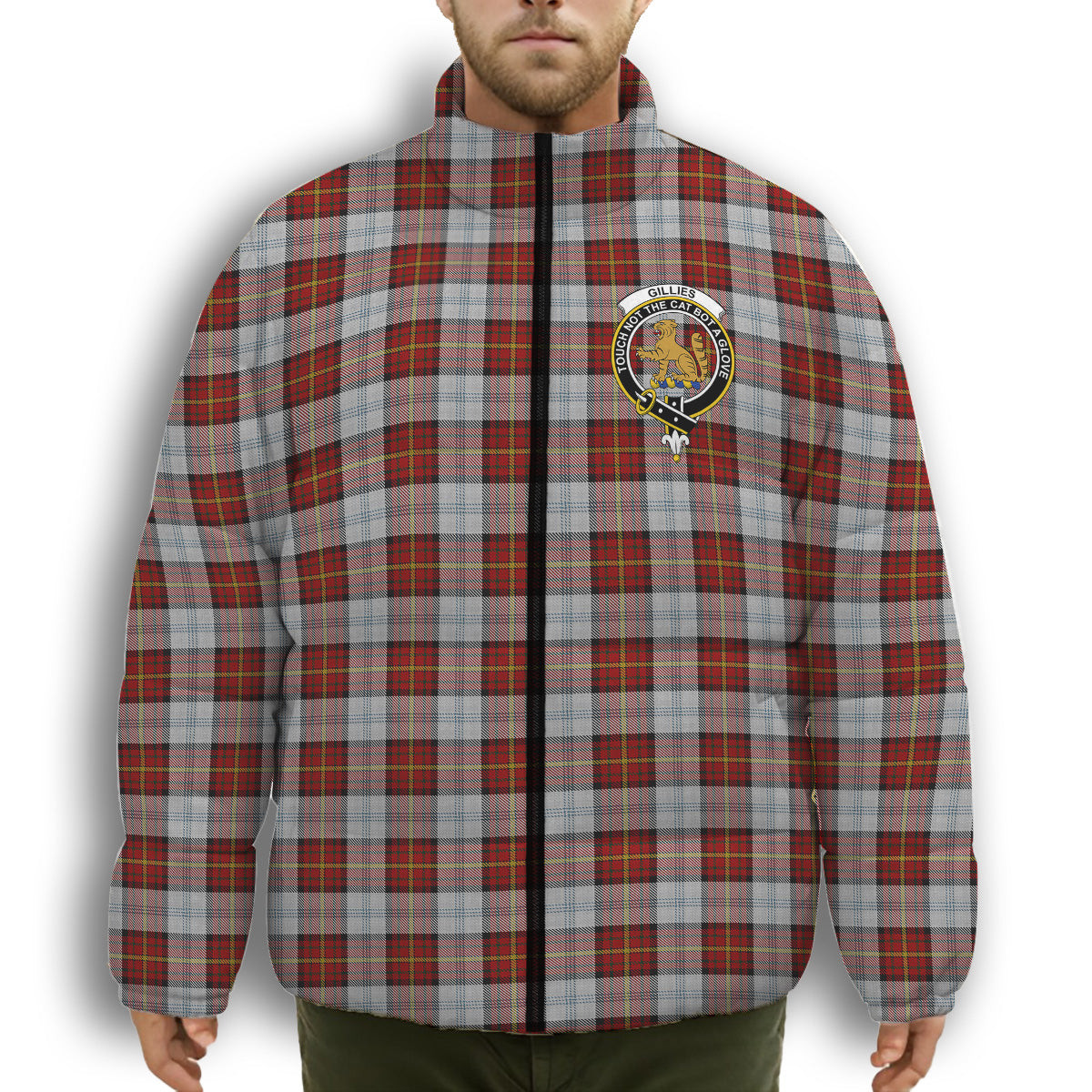 ScotsTee Shop Scottish Gillies Red Dress Crest Tartan Collar Down Jacket Winter White Duck Down Plaid