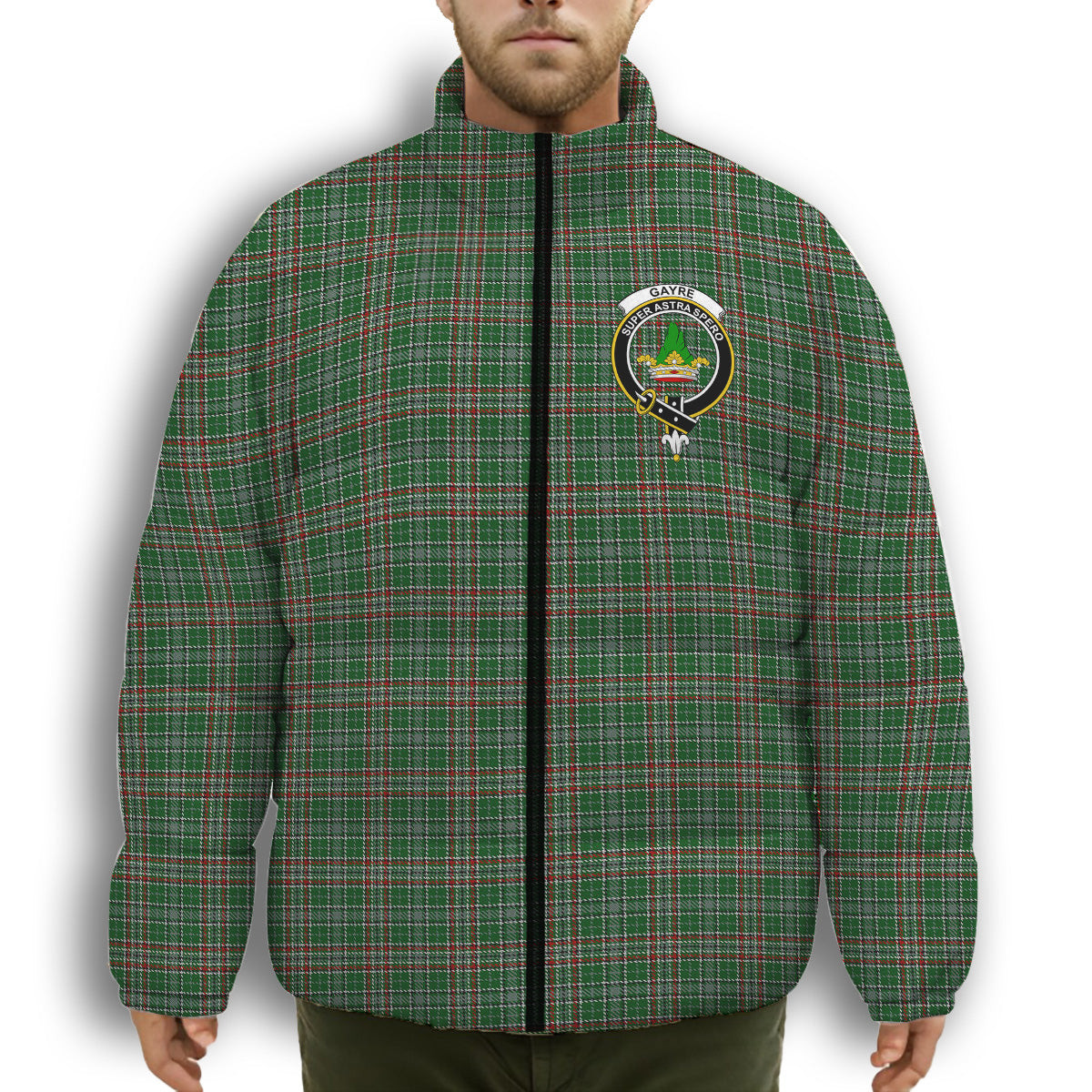 ScotsTee Shop Scottish Gayre Dress Crest Tartan Collar Down Jacket Winter White Duck Down Plaid