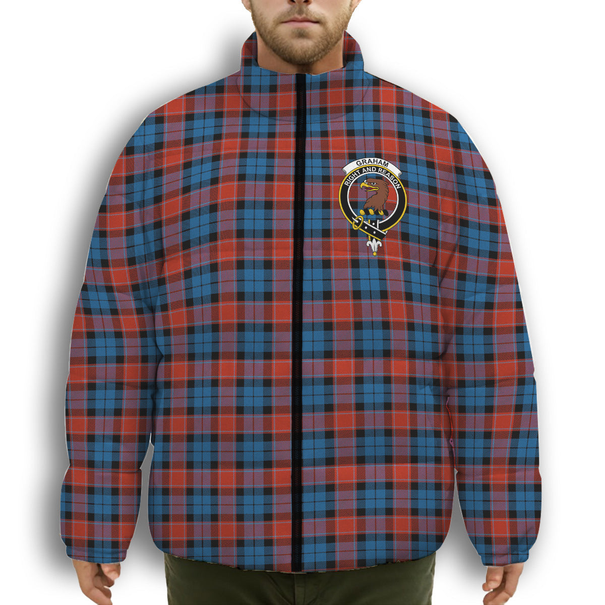 ScotsTee Shop Scottish Graham of Menteith Red Ancient Crest Tartan Collar Down Jacket Winter White Duck Down Plaid