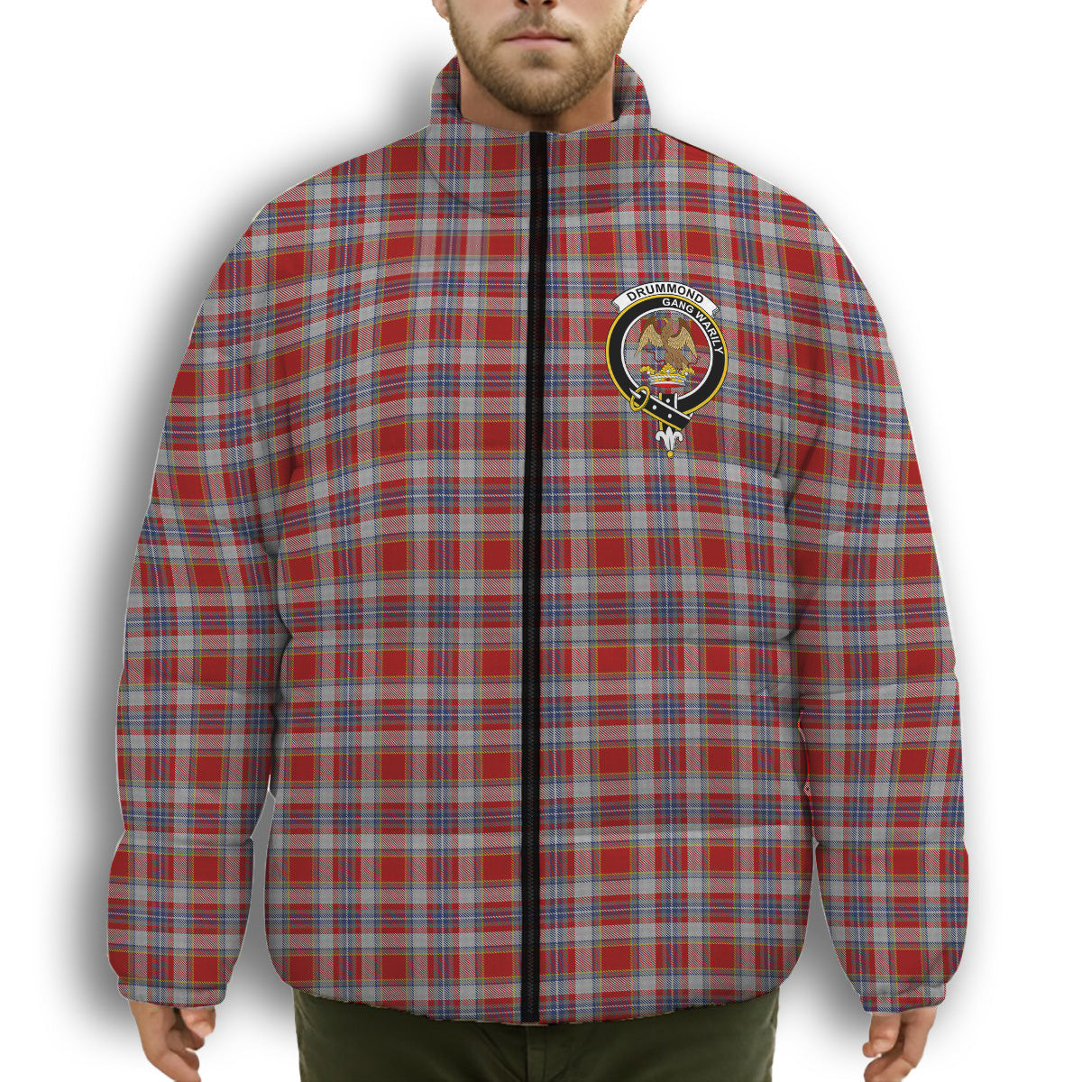 ScotsTee Shop Scottish Drummond of Perth Dress 2 Crest Tartan Collar Down Jacket Winter White Duck Down Plaid