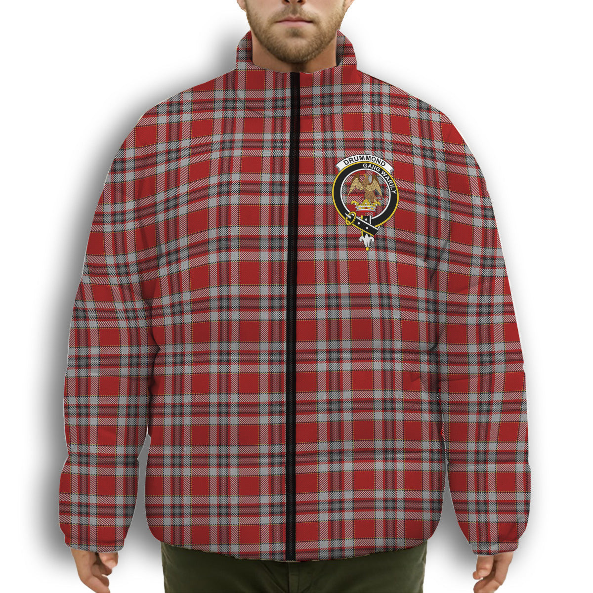 ScotsTee Shop Scottish Drummond of Perth Dress Crest Tartan Collar Down Jacket Winter White Duck Down Plaid