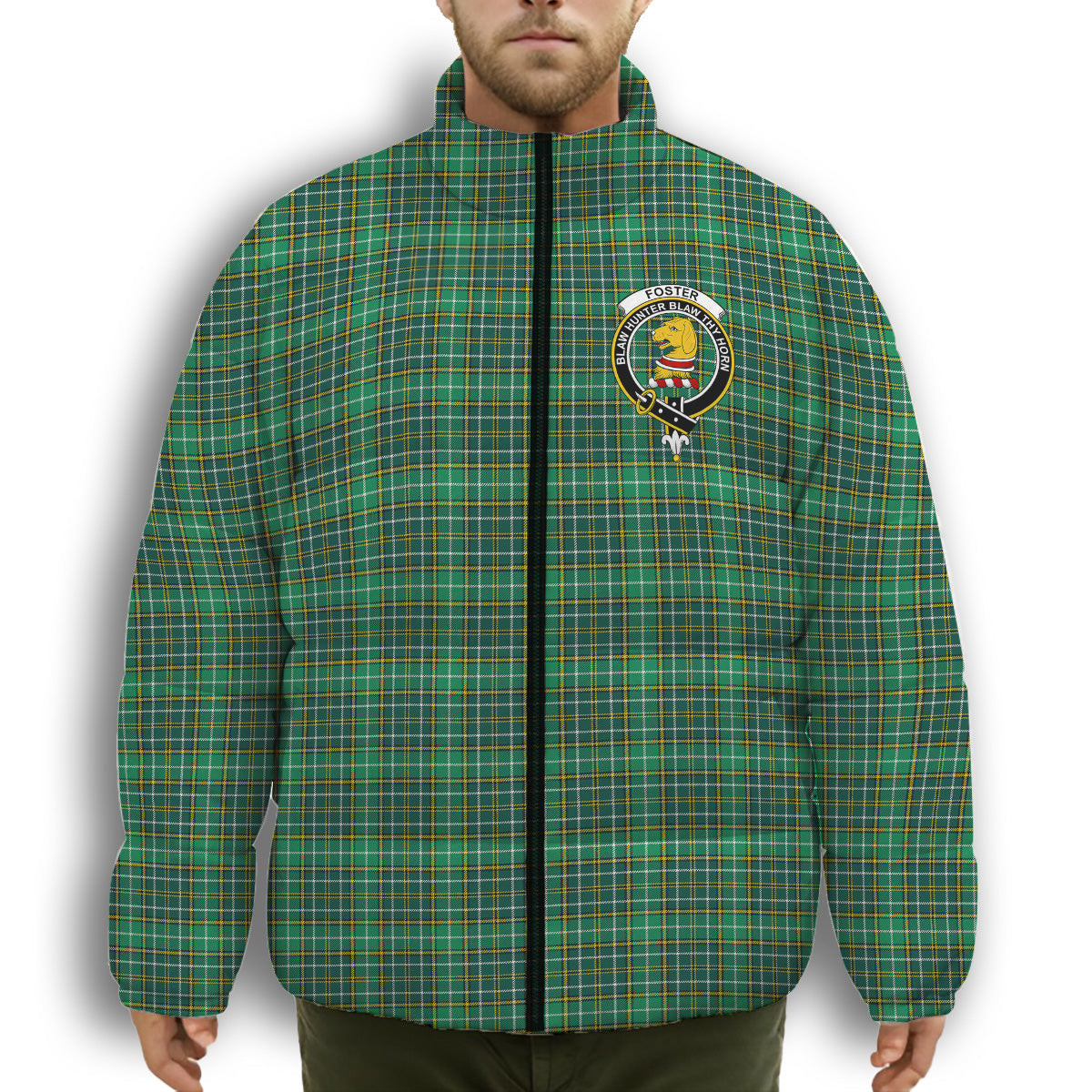 ScotsTee Shop Scottish Foster Hunting Modern Crest Tartan Collar Down Jacket Winter White Duck Down Plaid