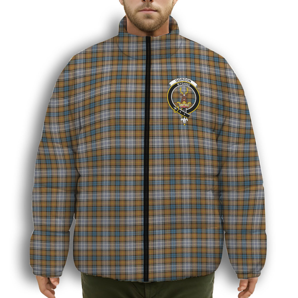 ScotsTee Shop Scottish Gordon dress 5 Crest Tartan Collar Down Jacket Winter White Duck Down Plaid