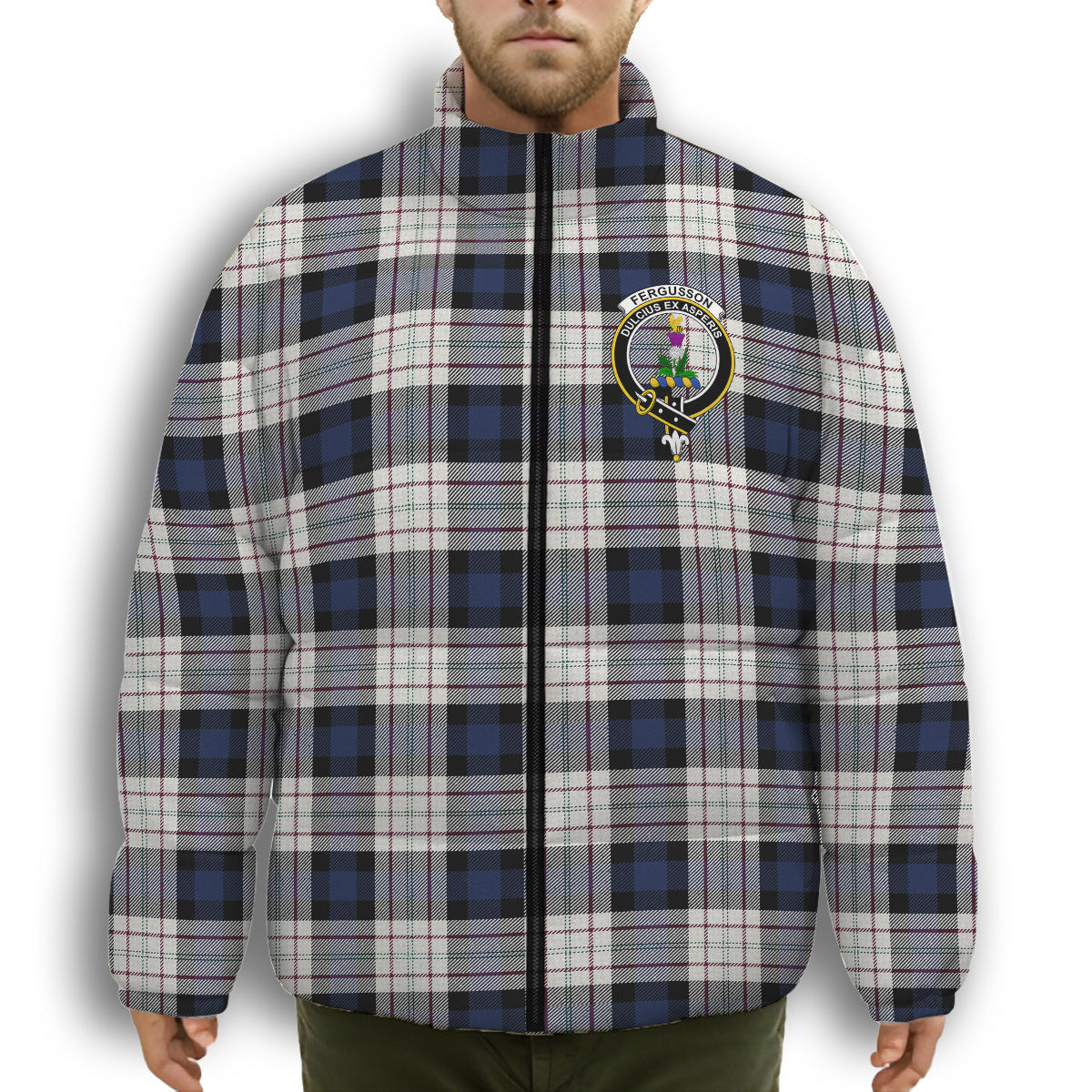 ScotsTee Shop Scottish Fergusson Dress Crest Tartan Collar Down Jacket Winter White Duck Down Plaid