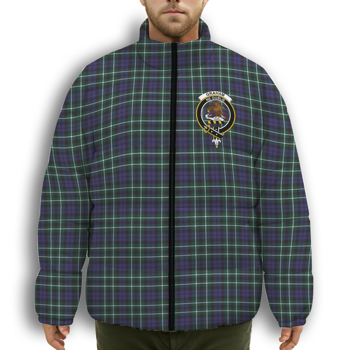 ScotsTee Shop Scottish Graham of Montrose Modern Crest Tartan Collar Down Jacket Winter White Duck Down Plaid