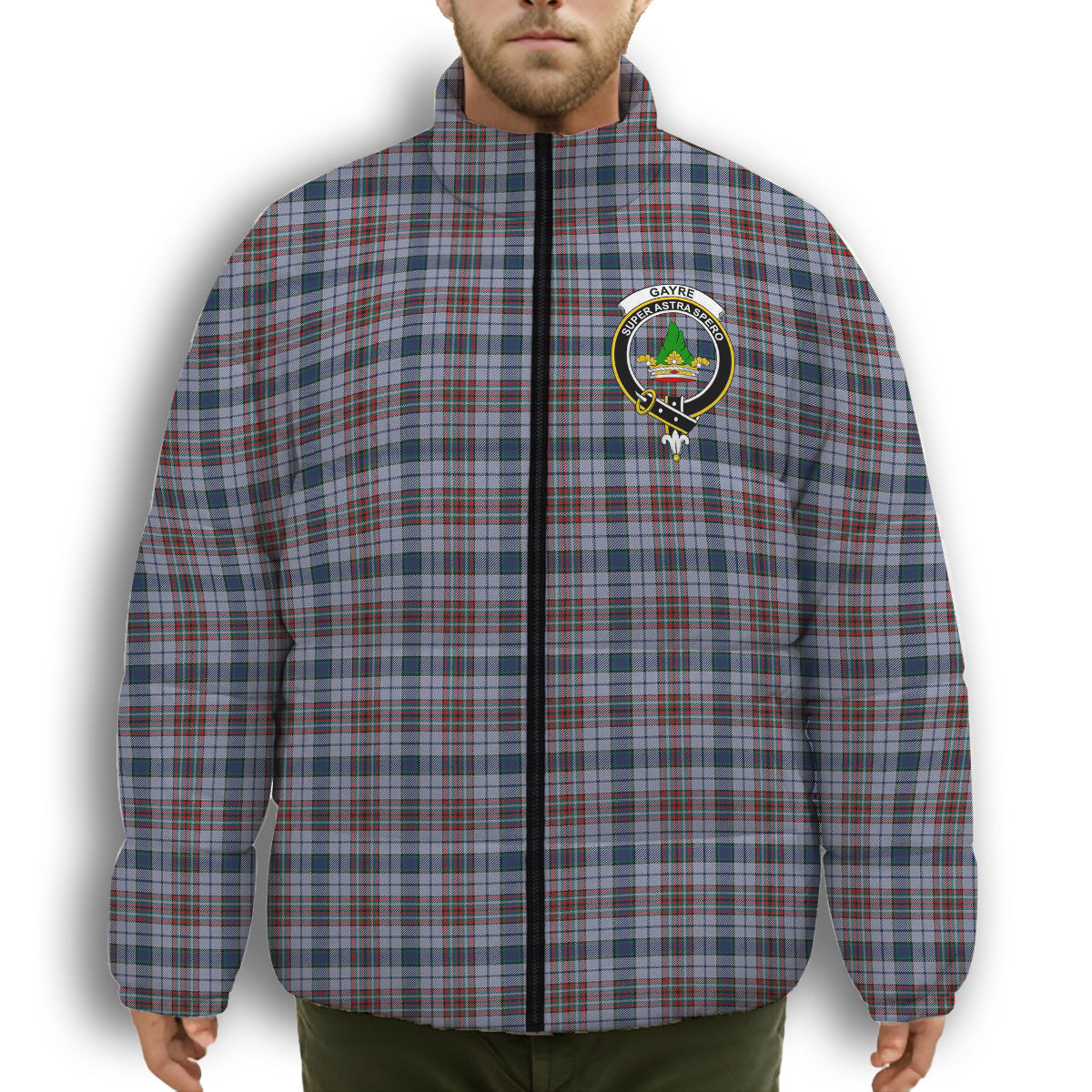 ScotsTee Shop Scottish Gayre Hunting Modern Crest Tartan Collar Down Jacket Winter White Duck Down Plaid