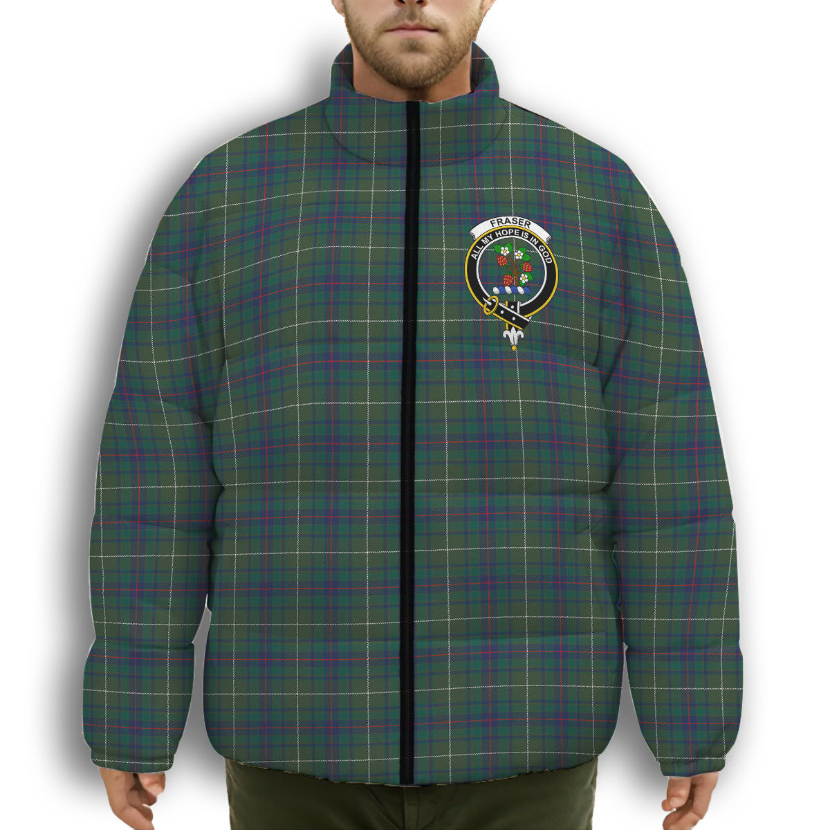 ScotsTee Shop Scottish Fraser Gathering Hunting Modern Crest Tartan Collar Down Jacket Winter White Duck Down Plaid