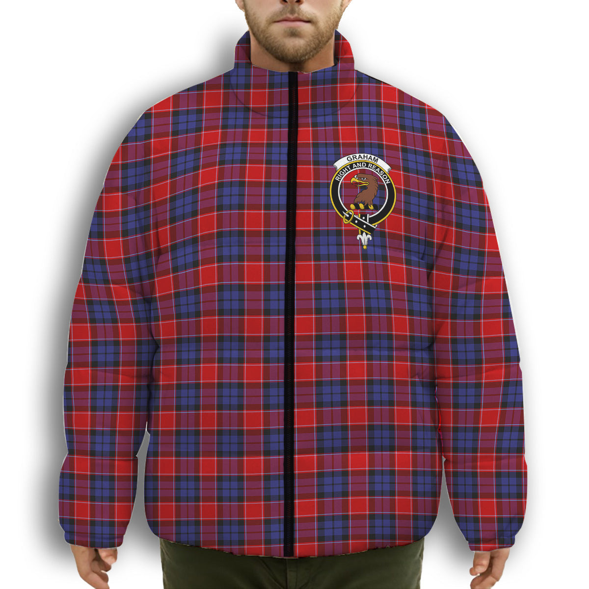 ScotsTee Shop Scottish Graham of Menteith Red Crest Tartan Collar Down Jacket Winter White Duck Down Plaid