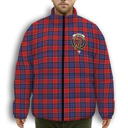 ScotsTee Shop Scottish Graham of Menteith Red Crest Tartan Collar Down Jacket Winter White Duck Down Plaid