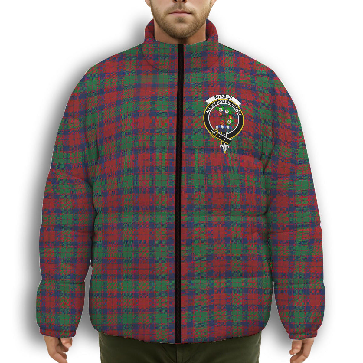 ScotsTee Shop Scottish Fraser of Altyre Modern Crest Tartan Collar Down Jacket Winter White Duck Down Plaid