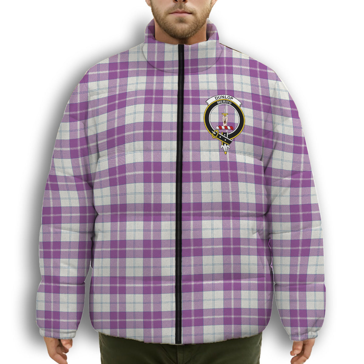 ScotsTee Shop Scottish Dunlop Dress Ancient Crest Tartan Collar Down Jacket Winter White Duck Down Plaid