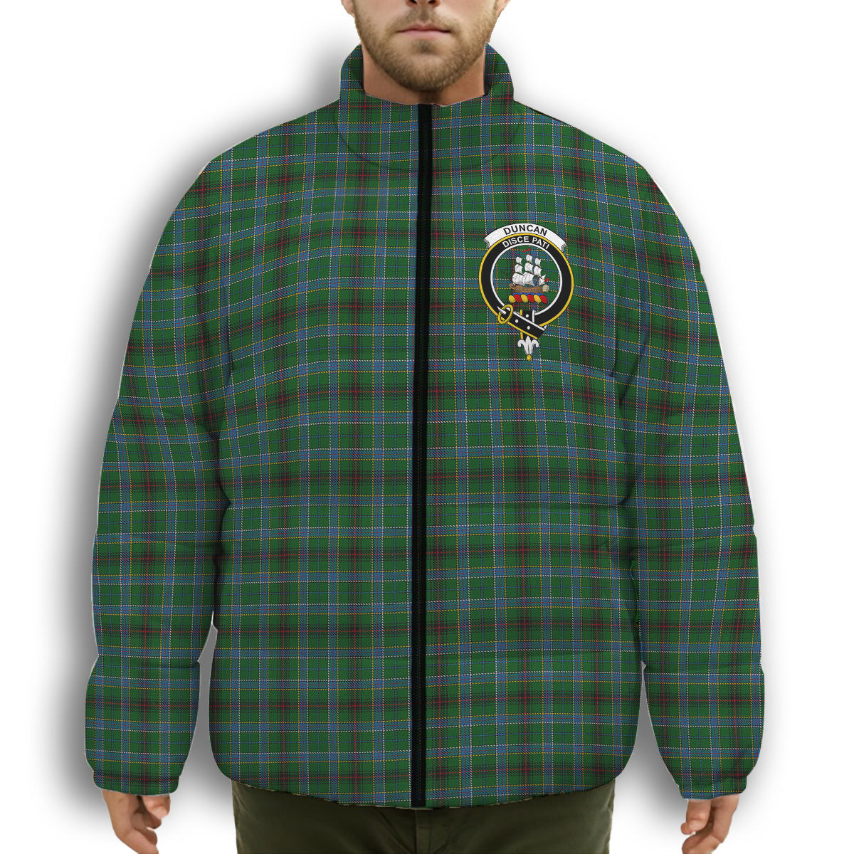ScotsTee Shop Scottish Duncan of Sketraw Crest Tartan Collar Down Jacket Winter White Duck Down Plaid