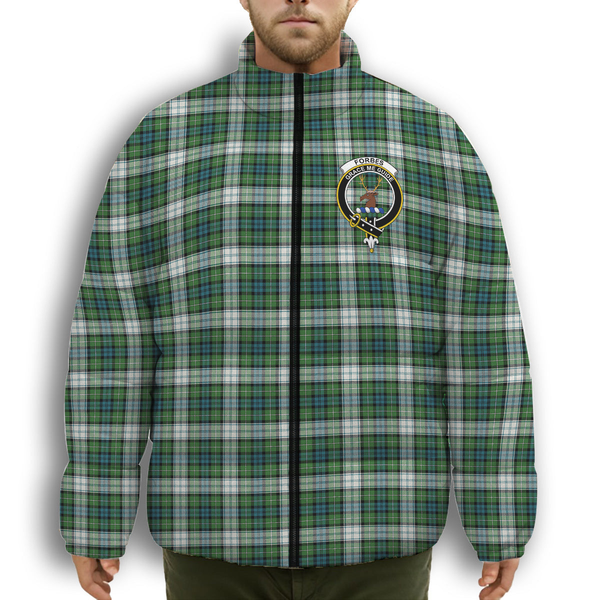 ScotsTee Shop Scottish Forbes Dress Ancient Crest Tartan Collar Down Jacket Winter White Duck Down Plaid