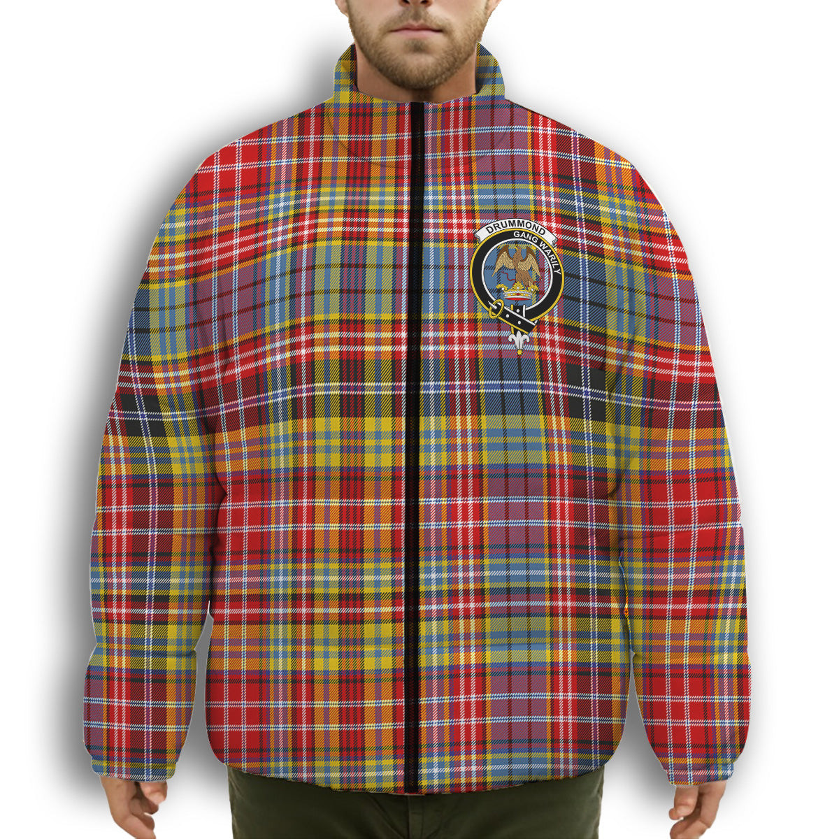 ScotsTee Shop Scottish Drummond of Strathallan Modern Crest Tartan Collar Down Jacket Winter White Duck Down Plaid