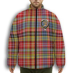ScotsTee Shop Scottish Drummond of Strathallan Modern Crest Tartan Collar Down Jacket Winter White Duck Down Plaid