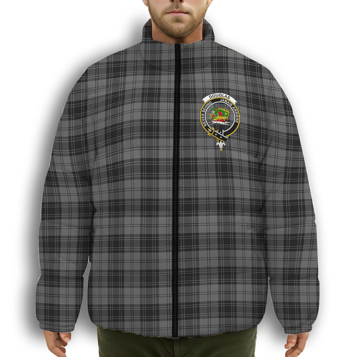 ScotsTee Shop Scottish Douglas Grey Vestiarium Scoticum Crest Tartan Collar Down Jacket Winter White Duck Down Plaid