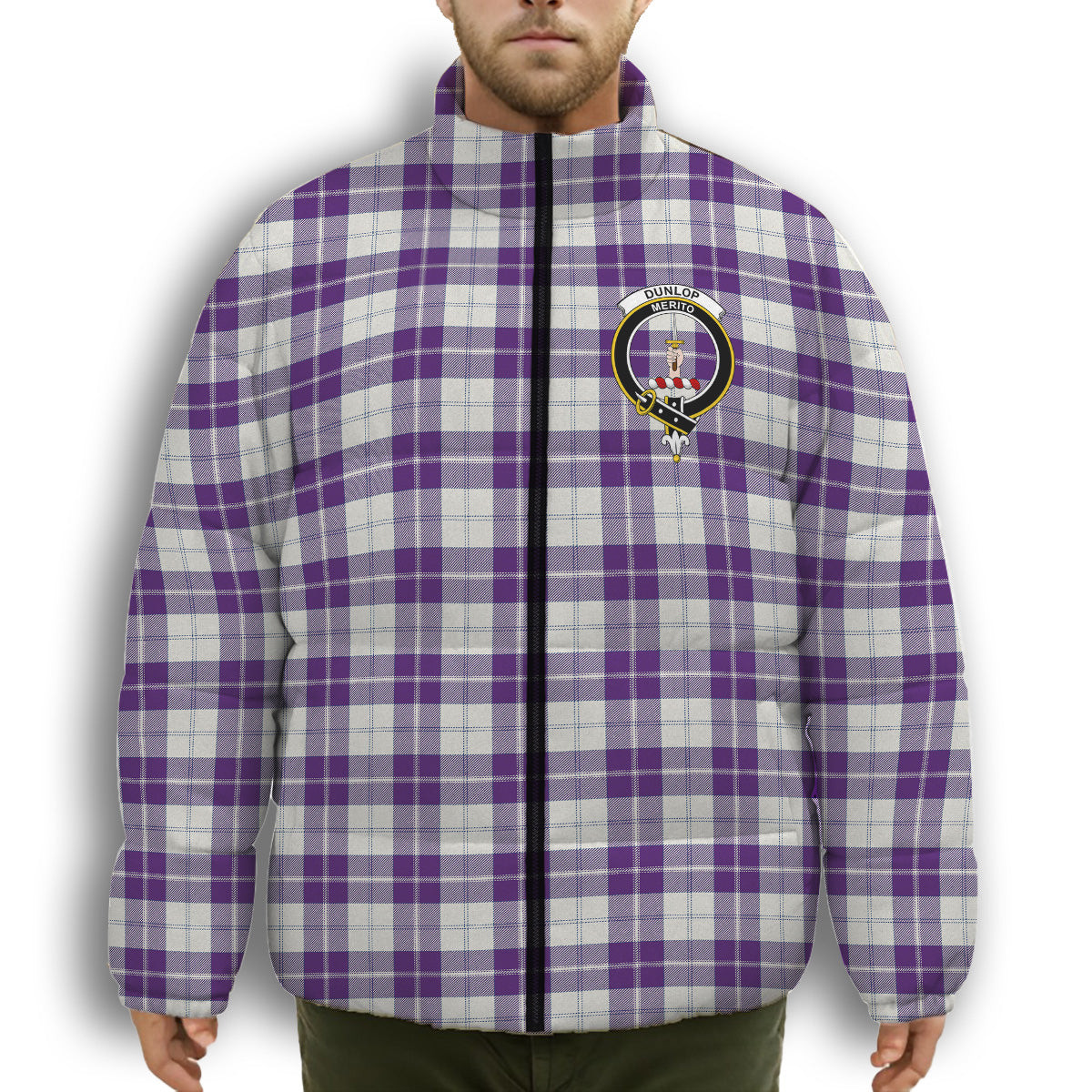 ScotsTee Shop Scottish Dunlop Dress Modern Crest Tartan Collar Down Jacket Winter White Duck Down Plaid