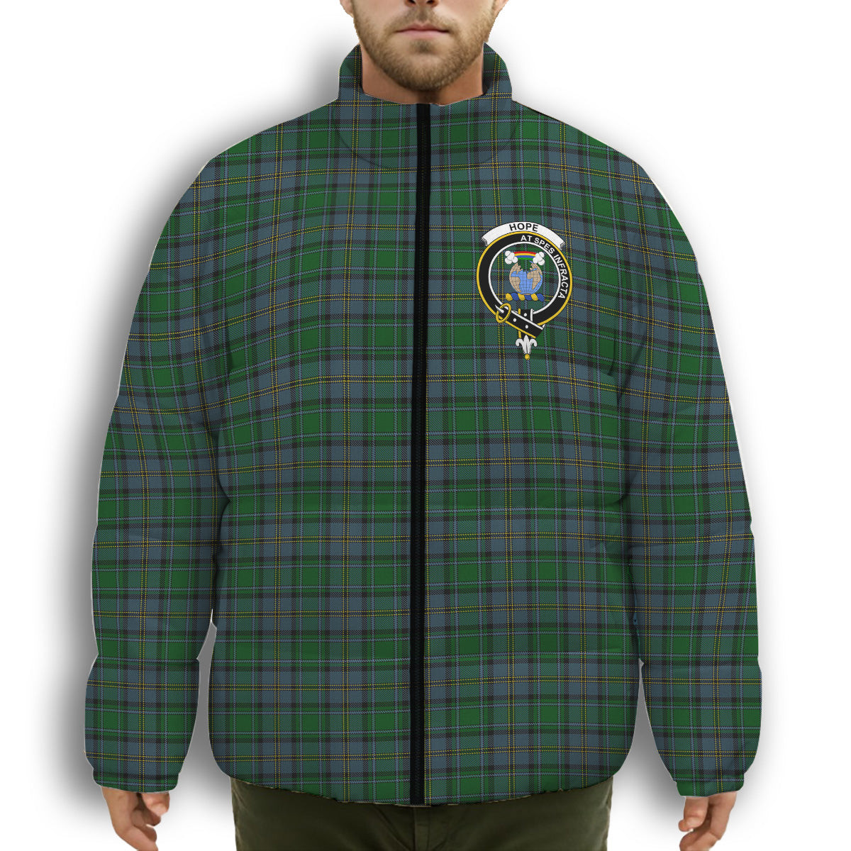 ScotsTee Shop Scottish Hope Vere Lochcarron Crest Tartan Collar Down Jacket Winter White Duck Down Plaid
